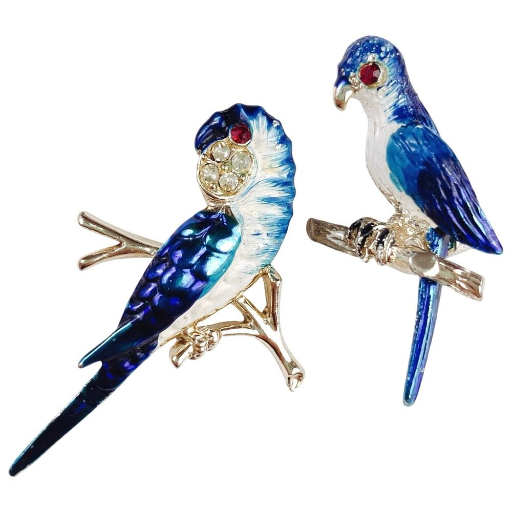 VTG Enamel Blue Bird Brooch Pair 1980s 1990s Gold Tone Rhinestone Figural Pins